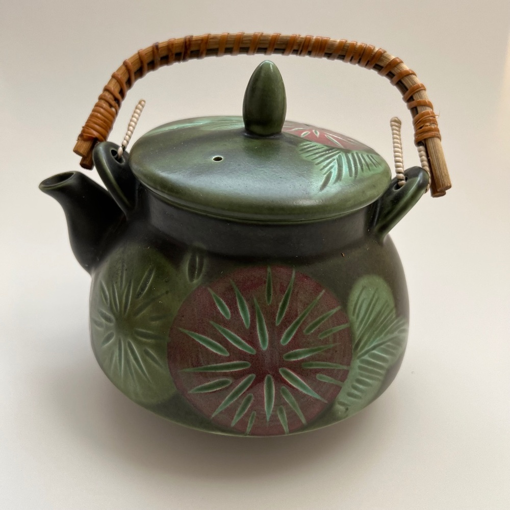 Vintage Japanese Stoneware Teapot with Bamboo Handle
